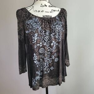 Vintage y2k graphic print blouse 3/4 sleeve‎ large grunge rocker